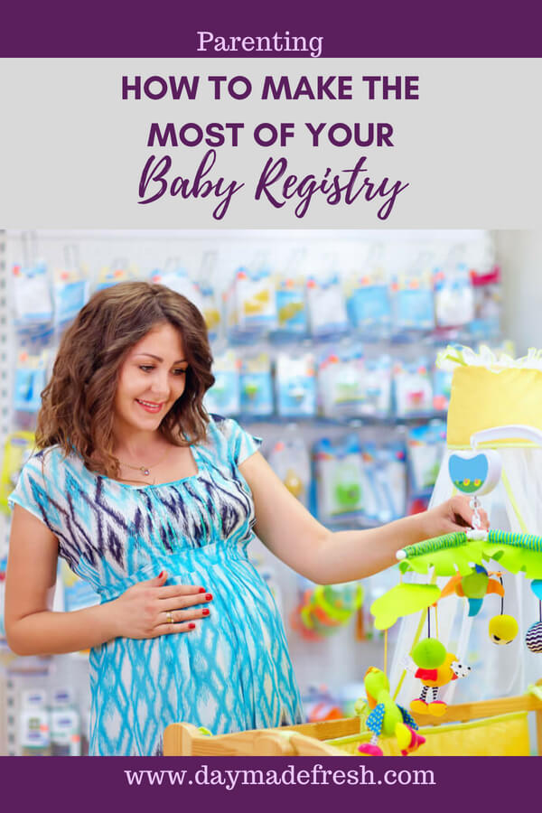 Pregnant mom to be shopping for baby gear: making the most of her baby registry.