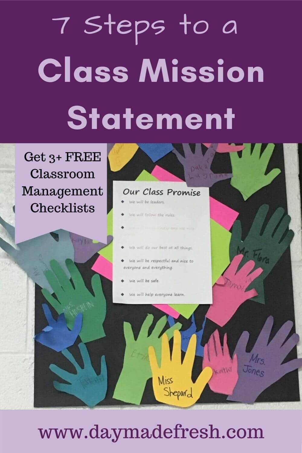 Example of Class Promise with Student Hand Prints: 7 Steps to a Class Mission Statement