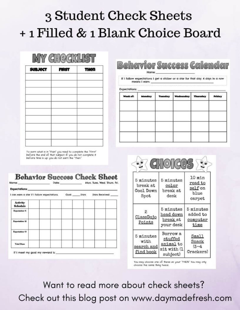 Images of Student Check Sheets to help challenging students