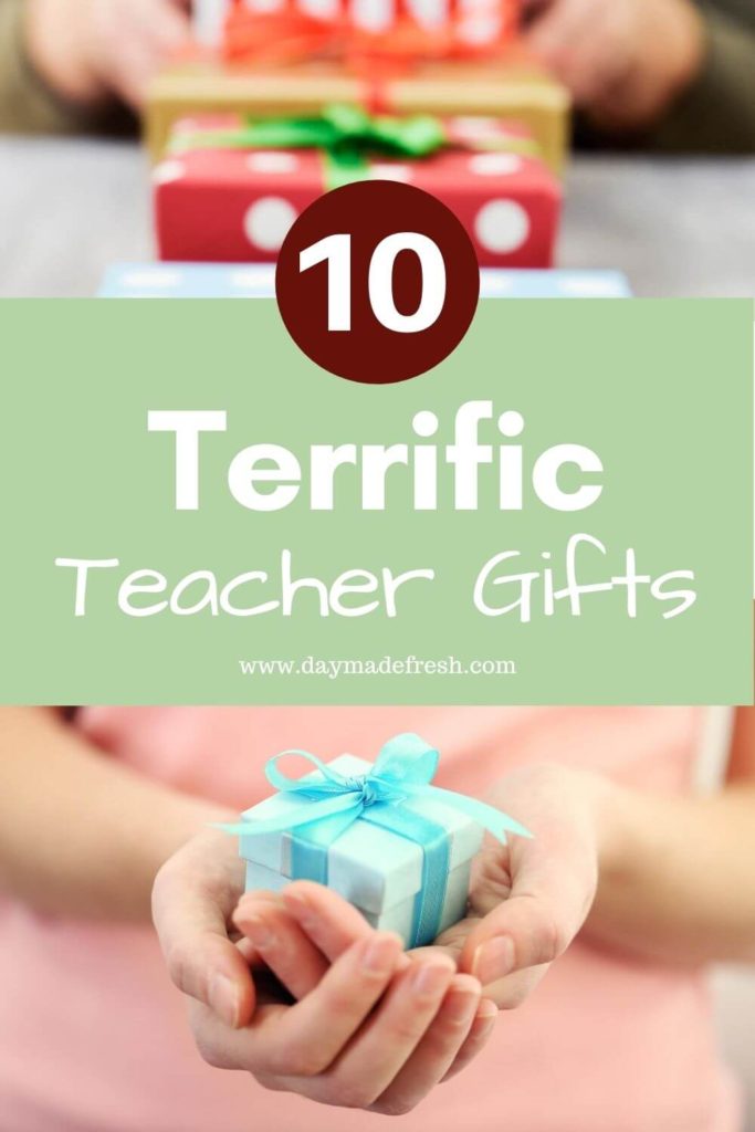 Image Text: 10 Terrific Teacher Gifts Image: Multi-colored gifts and a woman in a pink shirt hold a blue gift