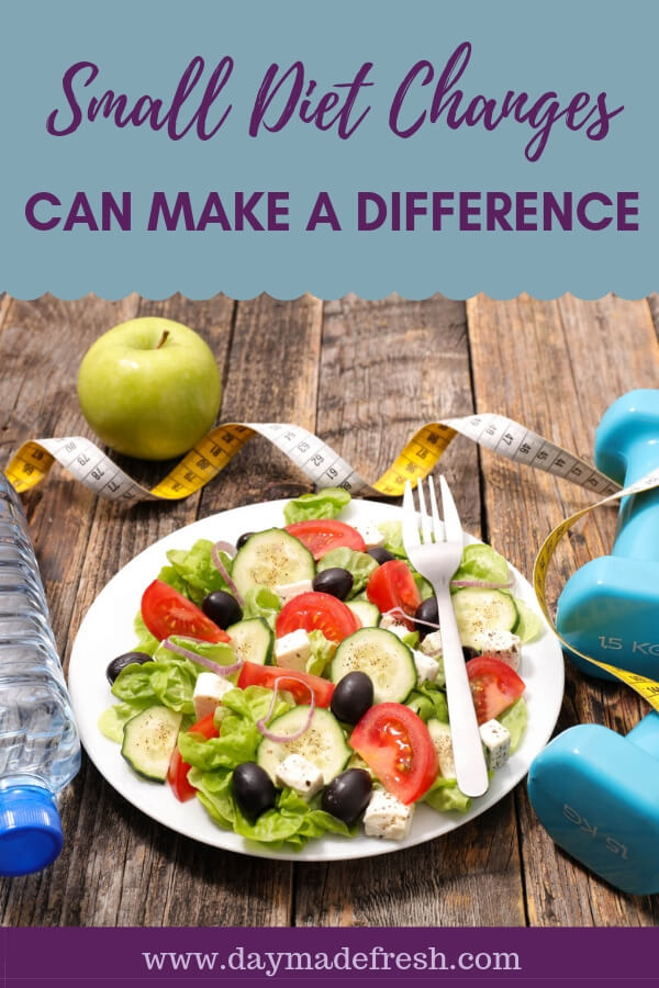 Small Diet Changes Can Make a Difference. Image of salad, weights, water, and a measuring tape. 