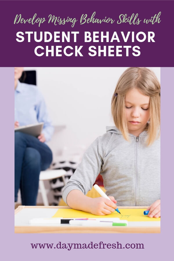 Upset student coloring. Teacher observing student in the corner. Image Text: Develop Missing Behavior Skills with Student Behavior Check Sheets)