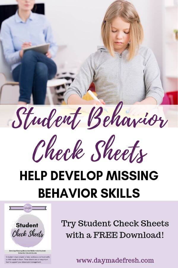 Unhappy child color while teacher looks on. Student behavior check sheets help develop missing behavior skills.