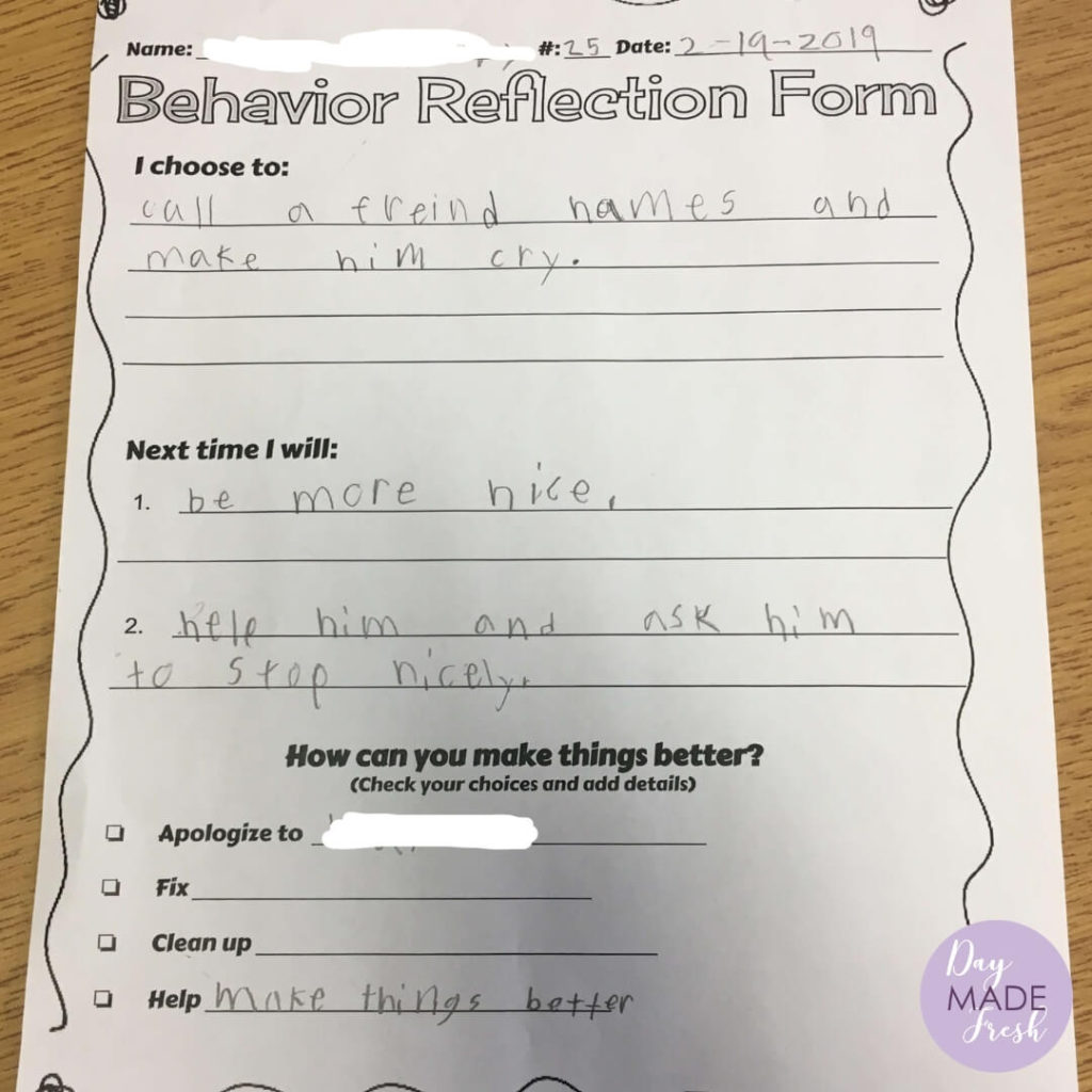 Student Behavior Reflection Form Example