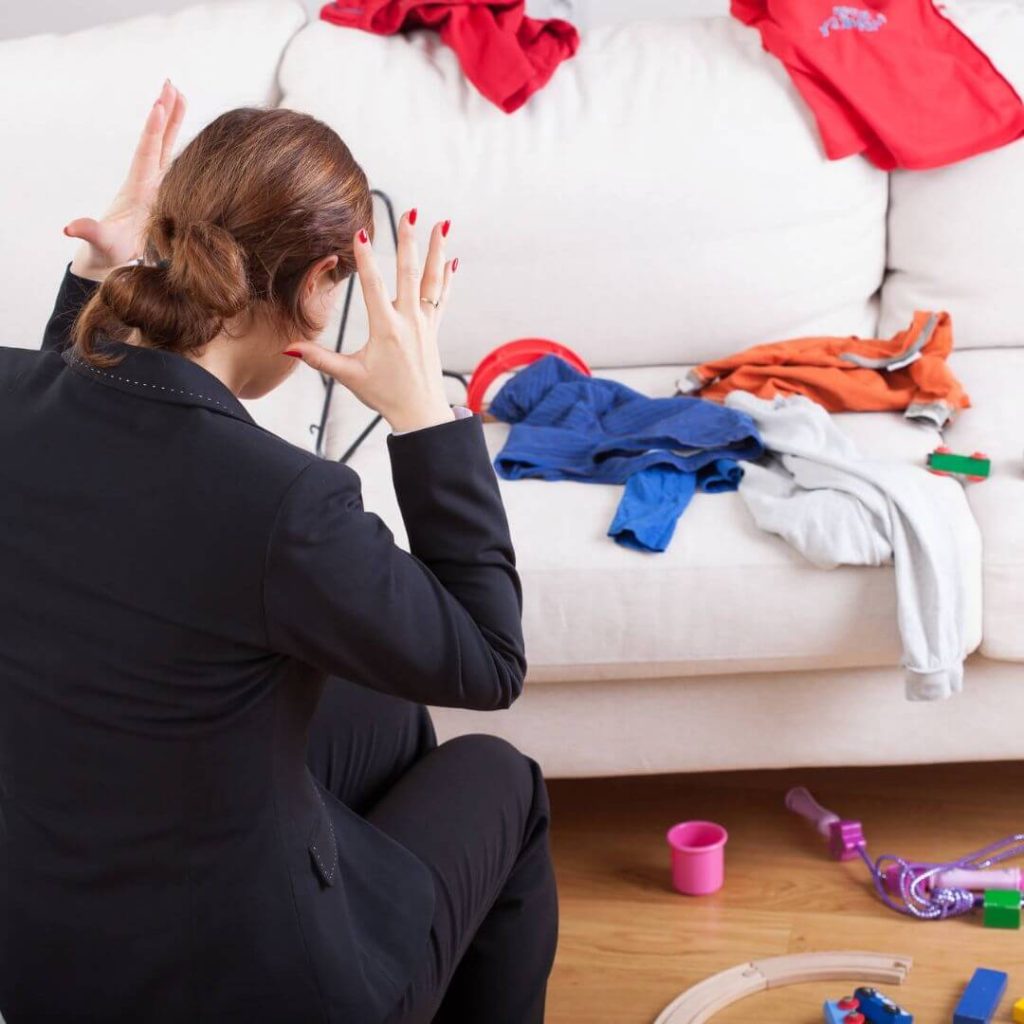 Stressed working mom struggling with mom brain forgetfulness