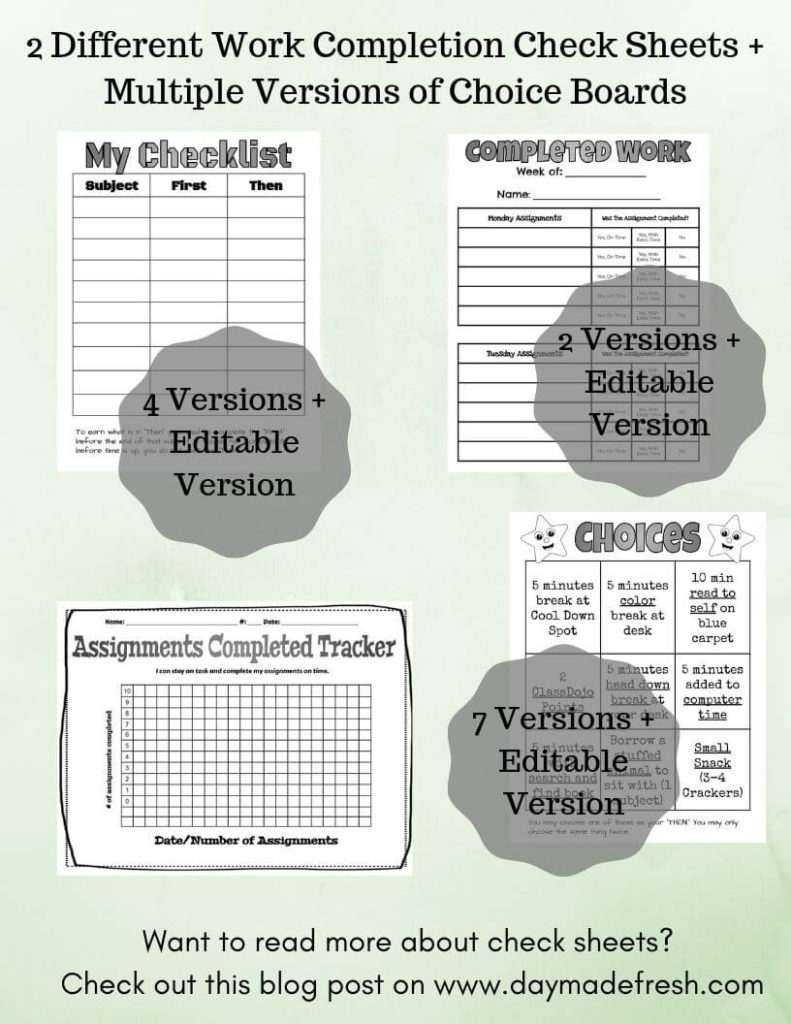 Visual selection of student work completion check sheets