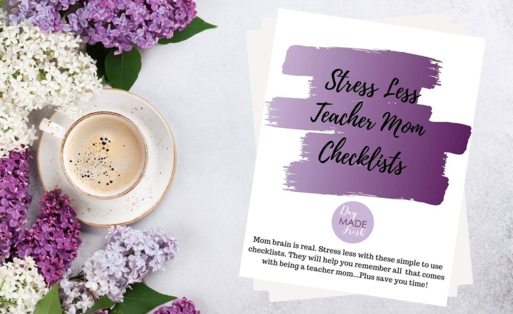 Image Text: Stress Less Teacher Mom Checklists Image: White desk with purple flowers and coffee with printables