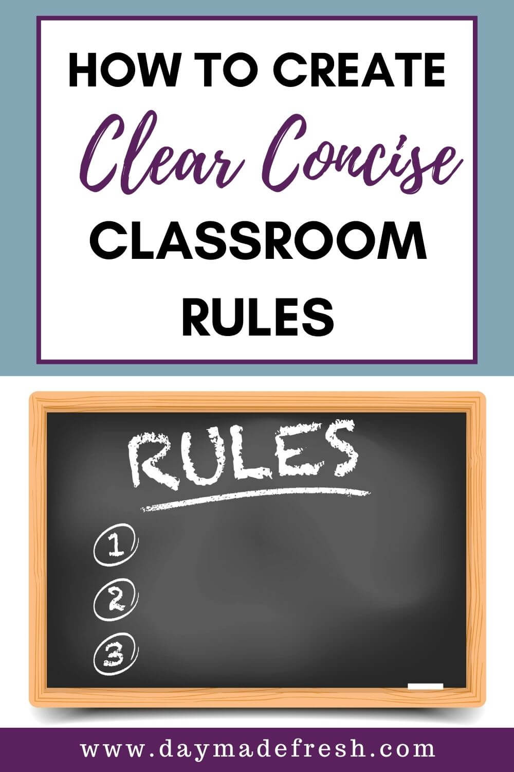 Image Text: How to create clear concise classroom rules Image: Blackboard with Rules and 1-3 written on it