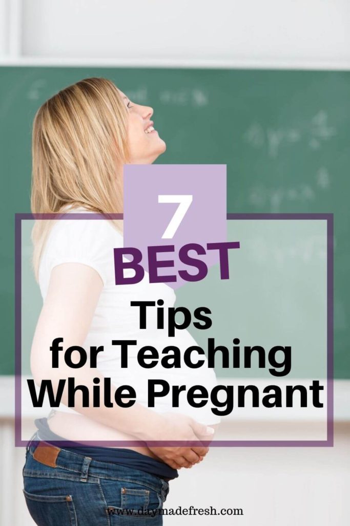 Image Text: 7 Best Tips for Teaching While Pregnant Image: Blonde pregnant teacher in front of blackboard