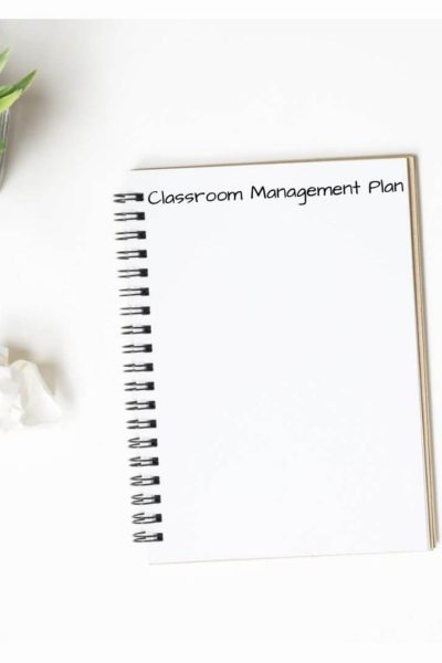 White desk with purple flowers and note book that says Classroom Management Plan at the top