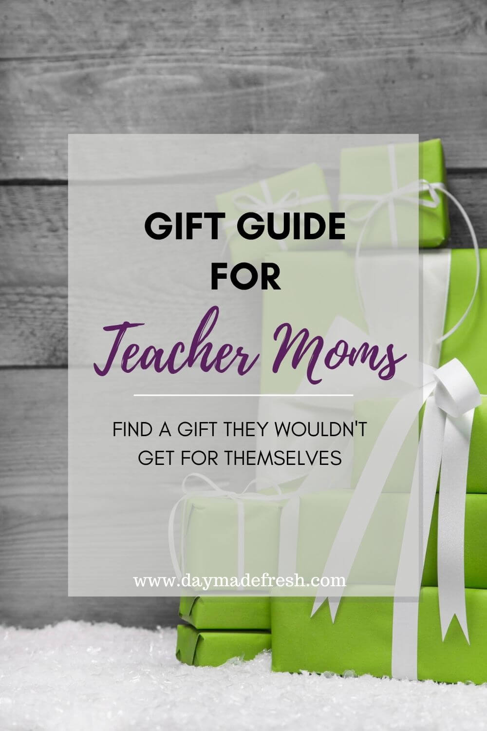 Image Text: Gift Guide For Teacher Moms; Find a Gift They Wouldn't Get Themselves Image: Stack of green gifts against wood wall