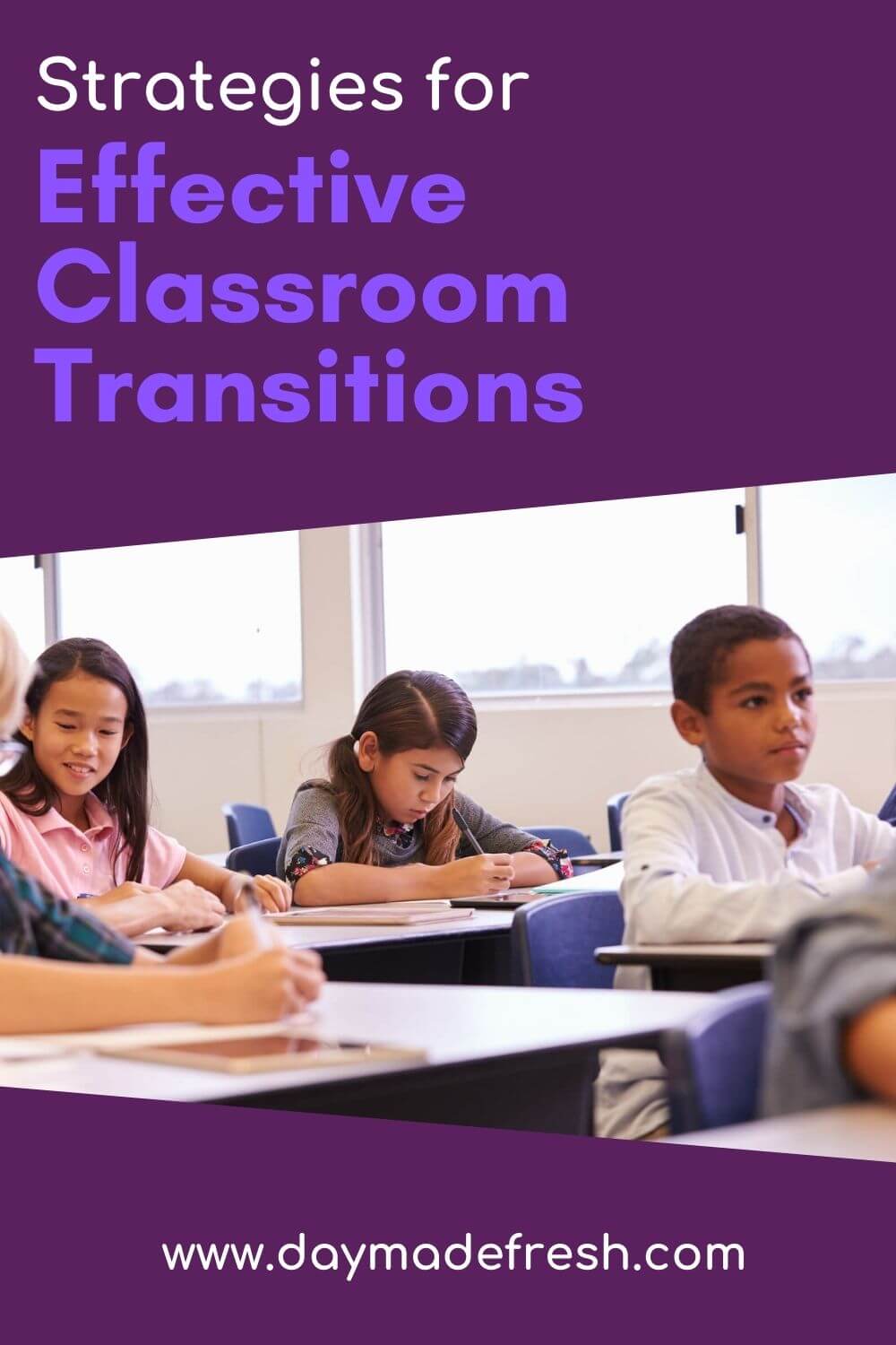 Image: Elementary students working independently and productively at desks; Text: Effective Elementary Classroom Transitions